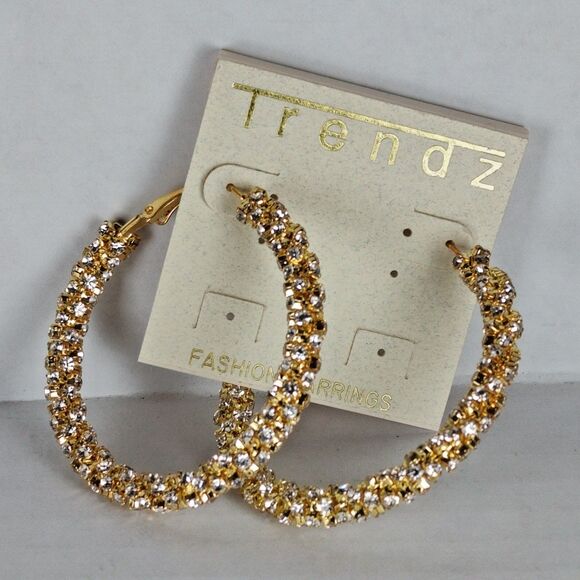 Gold Tone Metal White Colorless Rhinestones Hoop Statement Fashion Earrings - Picture 5 of 16